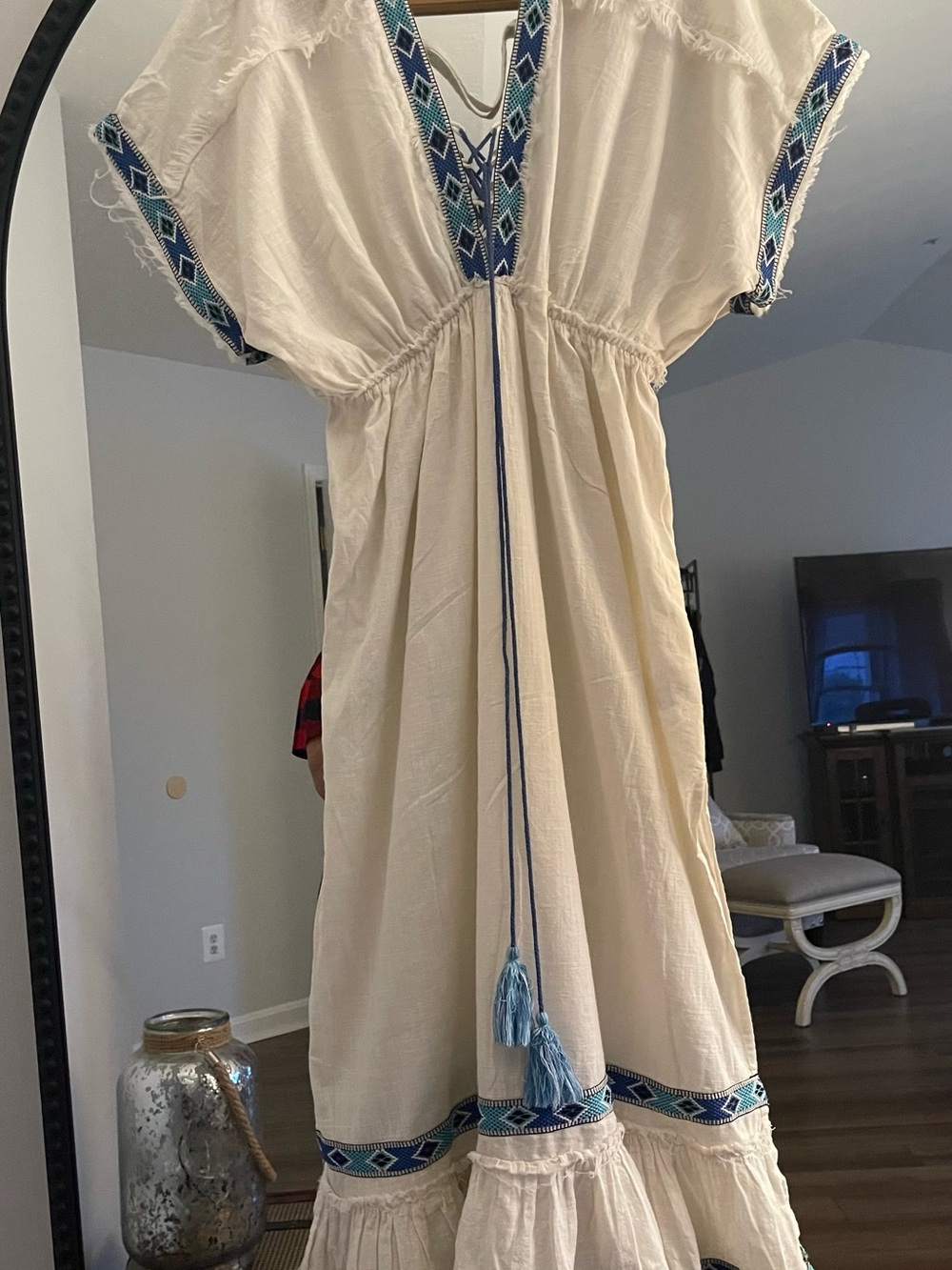 Boho Cream Embroidered Maxi Dress with Blue Accents